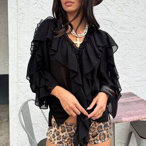 12th Tribe Harlow Black Ruffle Blouse Size MM